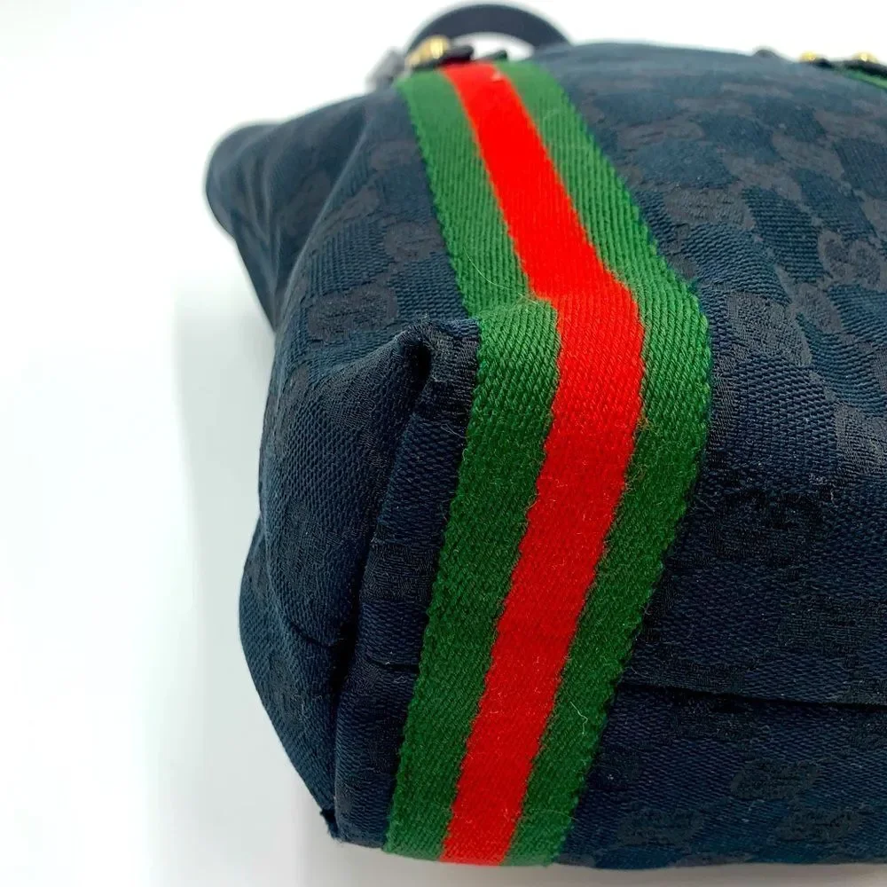 Gucci Small Black GG Canvas Sherry Line Jolicoeur Bucket Tote Bag Gold Charms